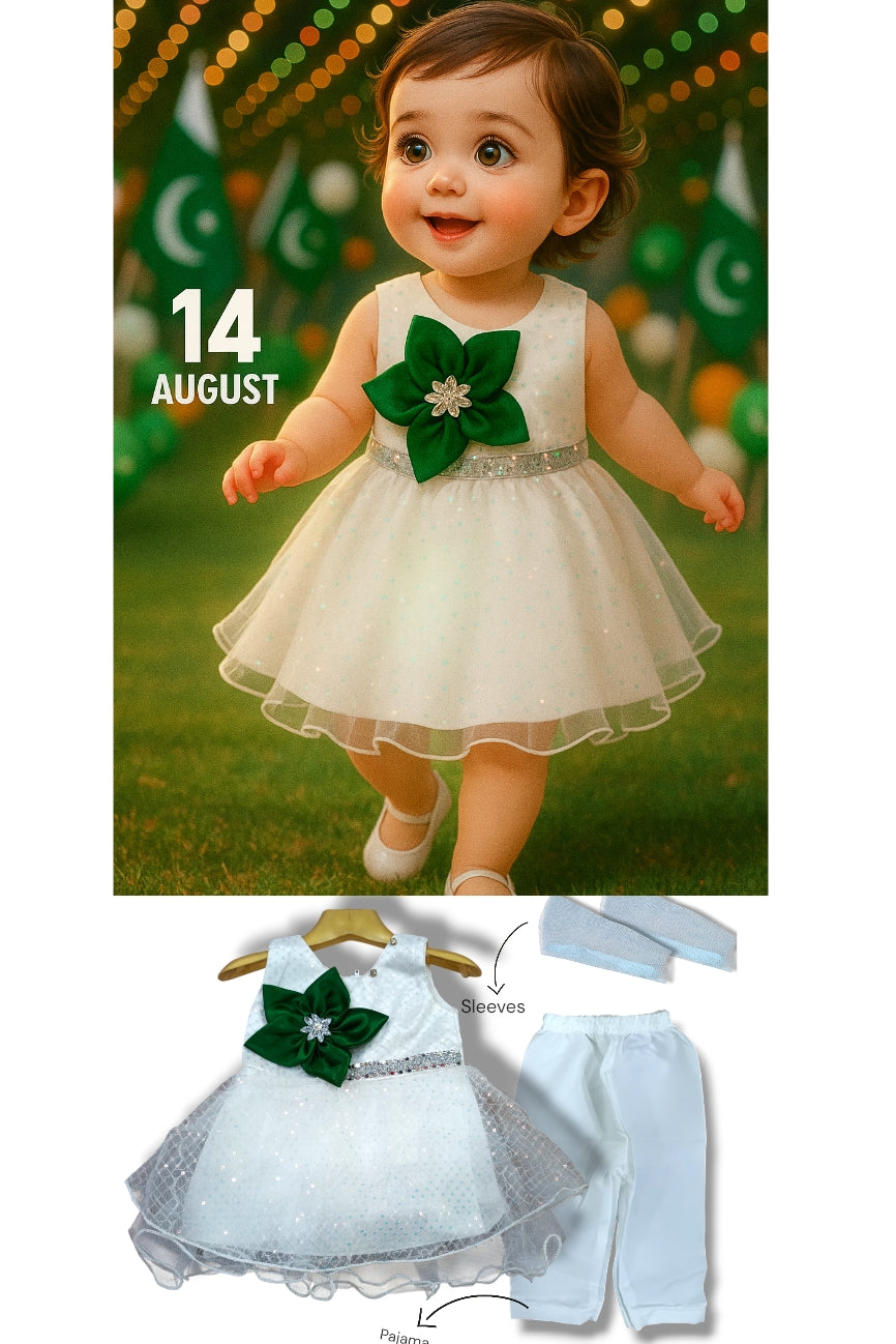 "Stylish Net Baby Girl Frock Set – With Sleeves & Pajama (1 to 9 Months)"