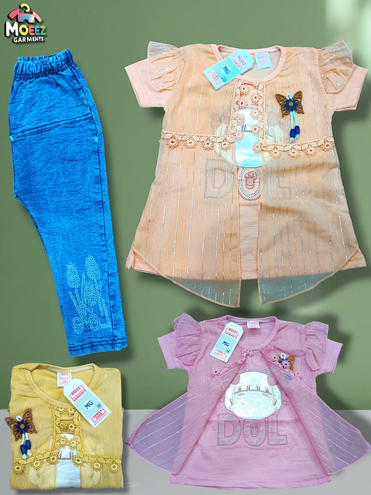 Baby Girl 2-Piece Traditional Outfit – Embroidered Doll Design | Denim Pants & Luxury Lycra Malai Shirt