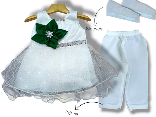 "Stylish Net Baby Girl Frock Set – With Sleeves & Pajama (1 to 9 Months)"